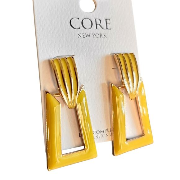 Statement Geometric Drop Earrings Gold Yellow Enamel Modern 1.6" Dangle New CORE - Picture 3 of 8